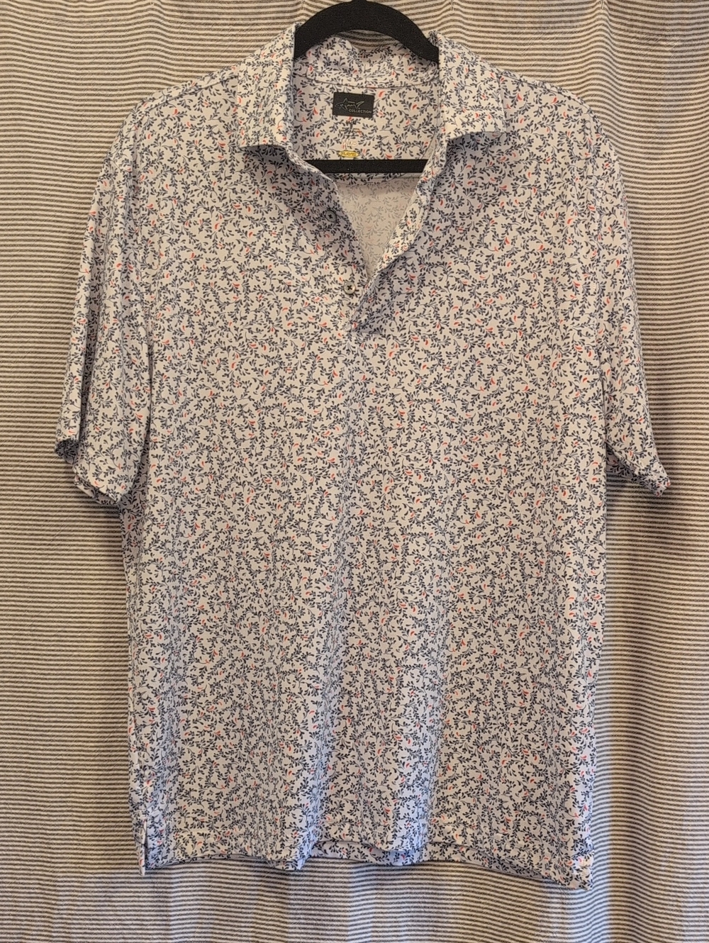 Greg Norman Men's Short Sleeve Polo - White with Navy & Coral Print